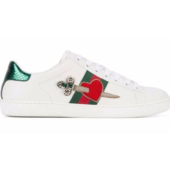 GUCCI Ace Sneakers Heart Sword Dagger GG Jeweled Leather Trainer Sz 38.5 - Picture 1 of 8